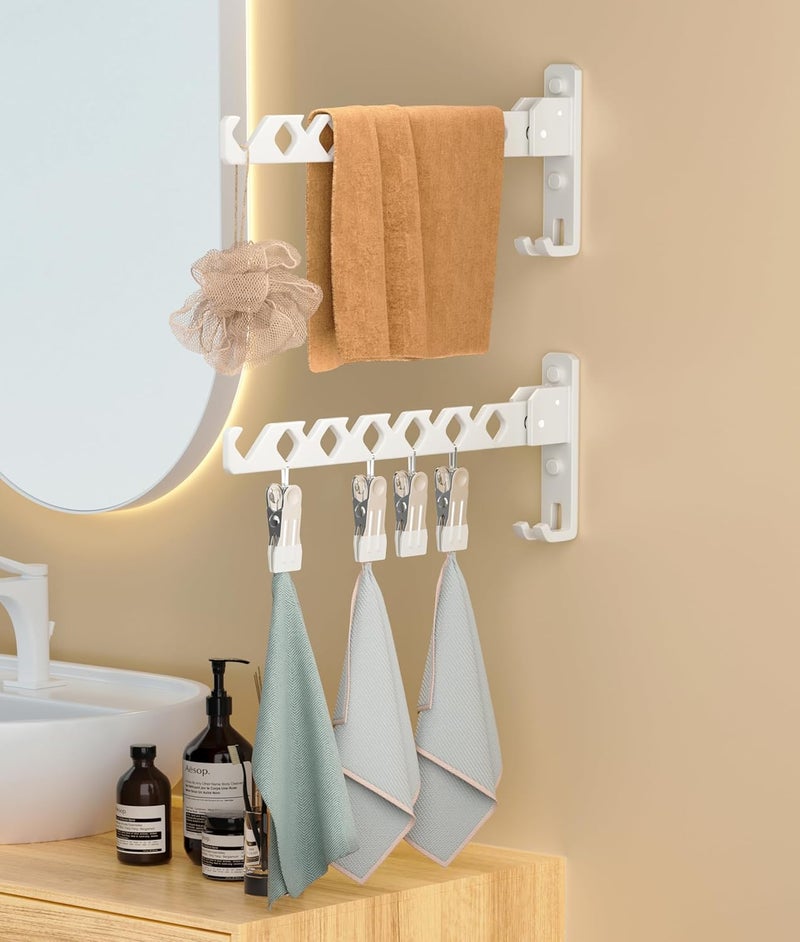 Dr.DJ Wall Mount Coat Hanger Holder White Clothes Drying Organizer Rack Garment Hooks Aluminium Retractable Folding Indoor Wall Mounted Hanger Space Saver for Laundry Room Bedroom White 2 Pack with 8 Hooks - Image 5